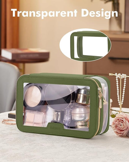 Travel Clear Makeup Bag with Makeup Brush Bag, Leather Makeup Case Toiletry Bag, Portable Cosmetic Bag Case, Transparent Waterproof Cosmetic Organizer Storage Bag for Women, Green