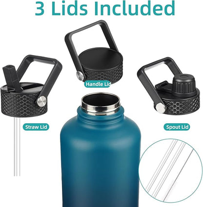 Insulated Water Bottle with Straw,87 oz 3 Lids Water Jug with Carrying Bag,Paracord Handle,Double Wall Vacuum Stainless Steel Metal Flask,Indigo Black