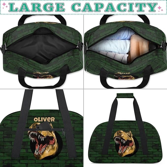 Personalized Duffel Bag for Kids Girls Boys, Scary Dinosaur Custom Name Gym Bag Overnight with Padded Handles Carry On Weekend Sports Travel Bag for School Practice Gymnastics Ballet