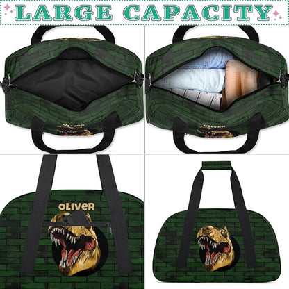 Personalized Duffel Bag for Kids Girls Boys, Scary Dinosaur Custom Name Gym Bag Overnight with Padded Handles Carry On Weekend Sports Travel Bag for School Practice Gymnastics Ballet