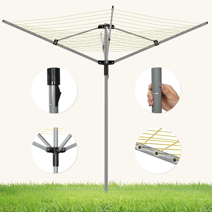 tonchean Outdoor Umbrella Drying Rack, 4-arm Rotary Umbrella Clothesline for Laundry, Adjustable Height Rotary Dryer Collapsible Clothes Drying Rack | 12-Lines with 165 ft. Clothesline