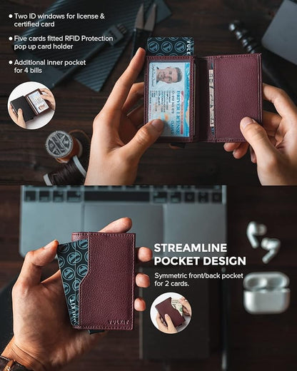 VULKIT Card Holder Wallet with Double ID Windows RFID Blocking Pop Up Wallet Minimalist Design for 12 Cards