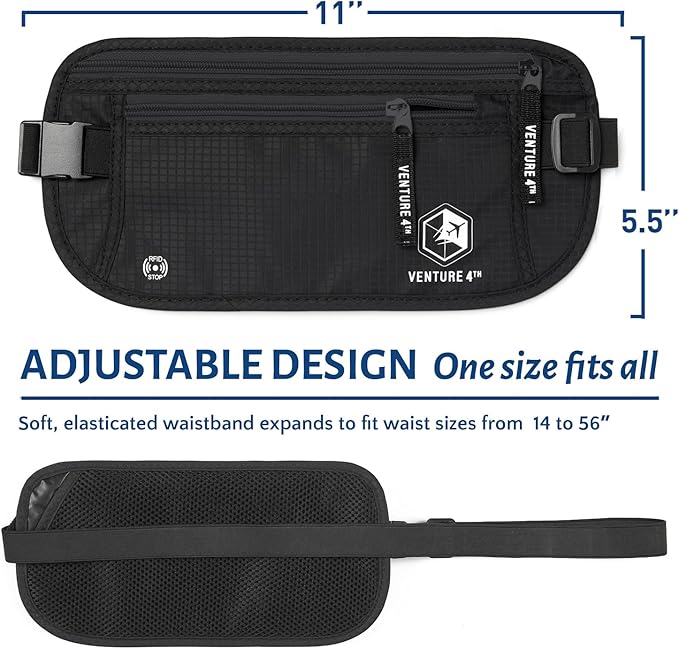VENTURE 4TH Travel Money Belt - Slim Passport Holder RFID Blocking Travel Pouch to Protect Cash, Credit Cards and Travel Documents (Pure Black)