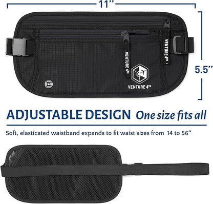 VENTURE 4TH Travel Money Belt - Slim Passport Holder RFID Blocking Travel Pouch to Protect Cash, Credit Cards and Travel Documents (Pure Black)