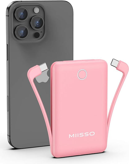 miisso 10000mAh Compatible with iPhone 15/16/17 and Android, Slim Portable Charger with Built in Cable, Power Bank Travel Charger External Battery Pack for Phone, 3 Output USB Type C Cord, Pink