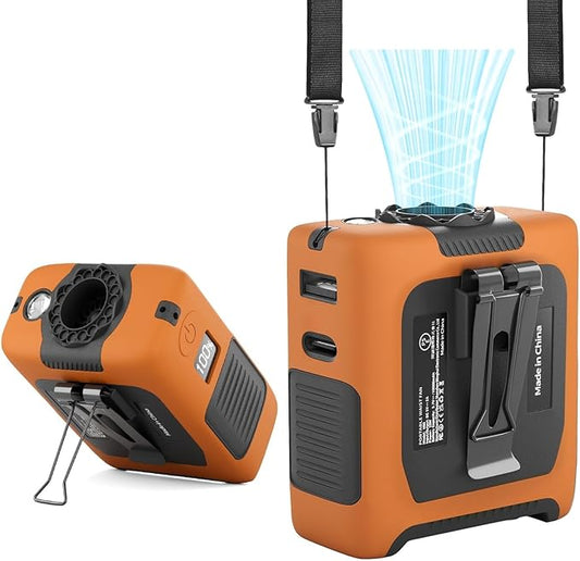 Portable Fan Wearable Personal Fan with 5 Speed Max 55 Working Hours Low Noise Portable Neck Fans Cooling Waist Fans for Camping Traveling LED Light Power Display 10000mAh Power Bank(Orange)