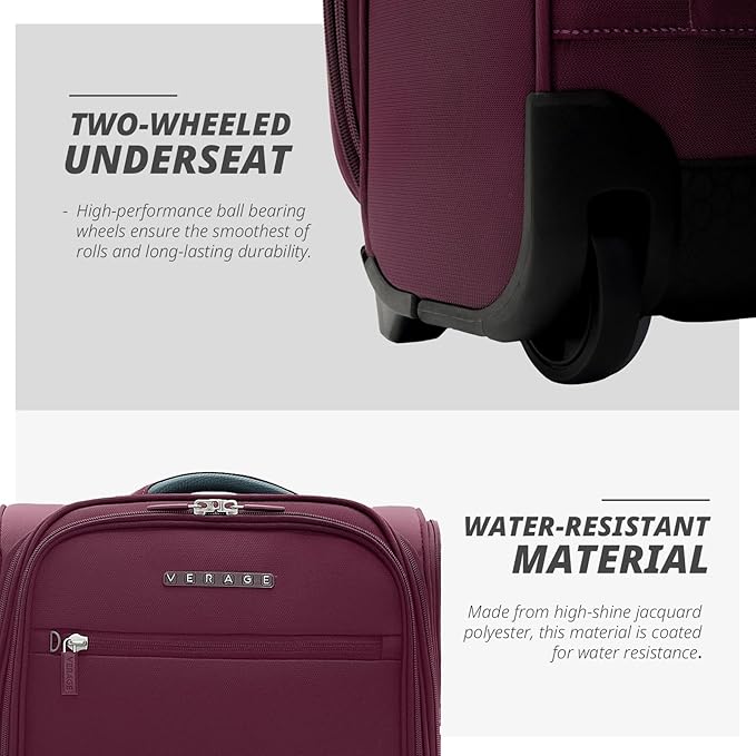 Verage Under Seat Luggage with Wheels, Softside Expanable Small Suitcase Carry On Luggage Bags for Airlines Airplanes Short Trip Men Women (Grape red, 16-Inch Rolling Underseat)