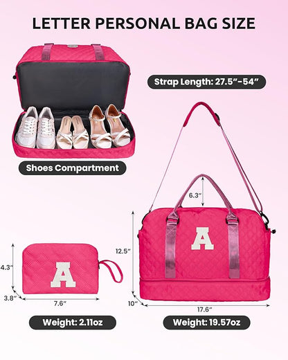 Gifts for College Girls, Personalized Initial Travel Bag with Shoe Compartment, Hot Pink, 12" x 7" x 2"