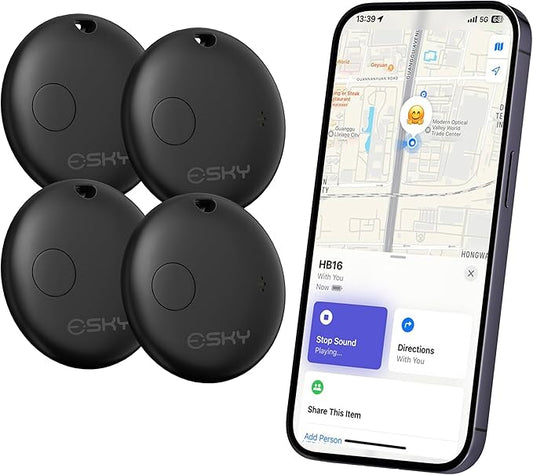 Esky Air Tracker Tags-4 Pack, Bluetooth Smart Luggage Tracker Works with Apple Find My APP (iOS Only, Not for Android), Key Finder and Item Locator for Luggage, Backpack, Suitcases, Wallet