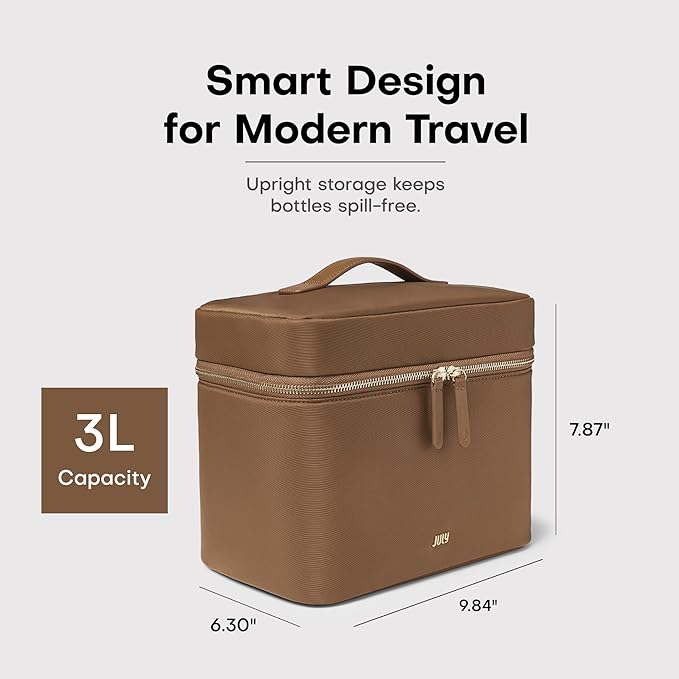 Vanity Cosmetic Case - Stylish Travel Makeup Bag for Women with Removable Wet Pouch, Upright Bottle Design, Clear Top Pocket, Leather Handle, Travel Essentials, Toiletry Organizer - Light Brown