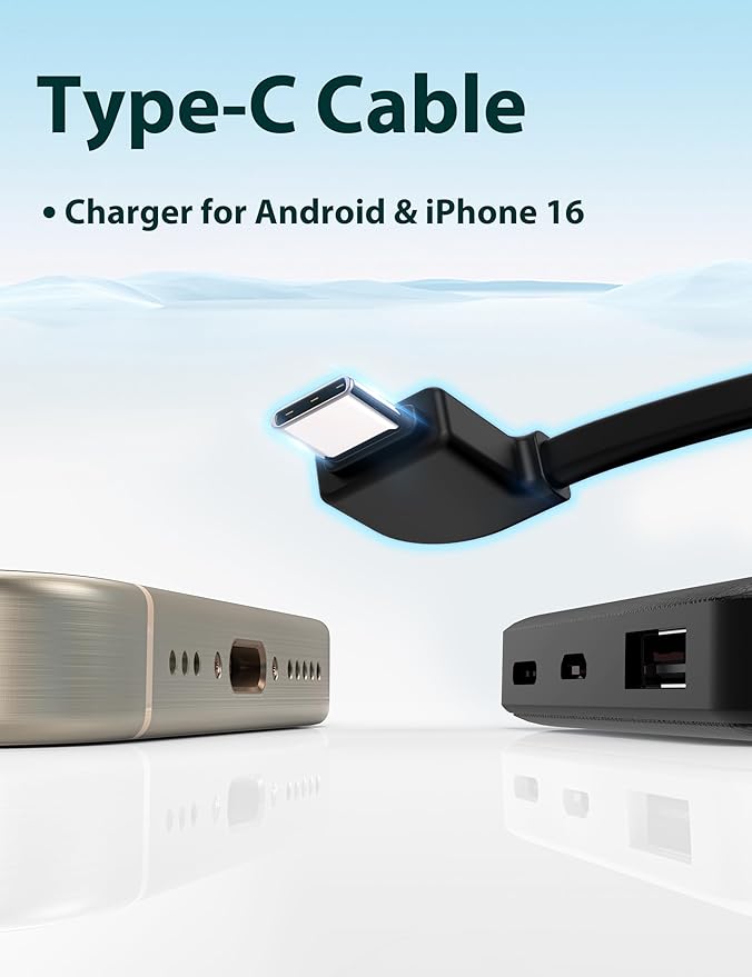 miisso 6000mah Ultra Slim Built in Cables Power Bank, Card Size Built in USB C Cords Battery Pack Portable Charger for Phones, 3 Output External Battery Pack Compatible with iPhone, Deep Black