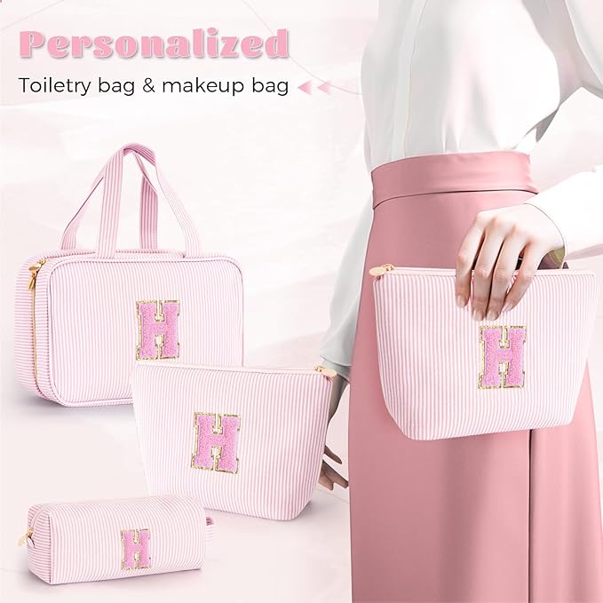 Personalized Initial Cute Toiletry Bag Pouch Make Up Bags Travel Cosmetic Makeup Bag for Girl Girlfriend Wife Teacher Mom Her 16th 17th 18th Birthday Gifts - Pink H