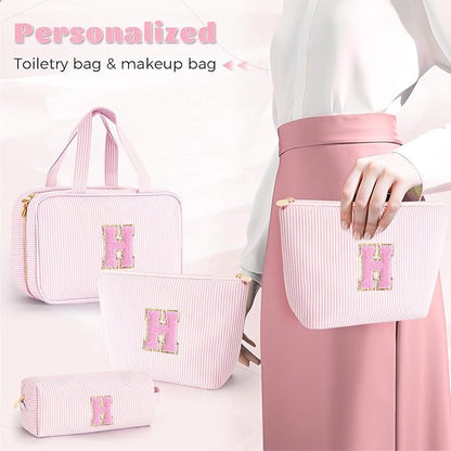 Personalized Initial Cute Toiletry Bag Pouch Make Up Bags Travel Cosmetic Makeup Bag for Girl Girlfriend Wife Teacher Mom Her 16th 17th 18th Birthday Gifts - Pink H