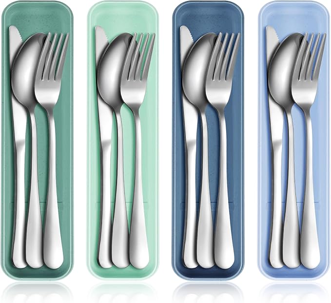 Yinkin 4 Pack Portable Travel Utensils Set with Case Reusable Stainless Steel Silverware Flatware Camping Cutlery Include Fork Spoon Knife for Work School Dishwasher Safe(Blue Color Series)
