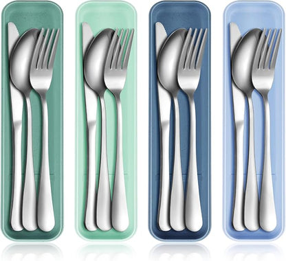 Yinkin 4 Pack Portable Travel Utensils Set with Case Reusable Stainless Steel Silverware Flatware Camping Cutlery Include Fork Spoon Knife for Work School Dishwasher Safe(Blue Color Series)