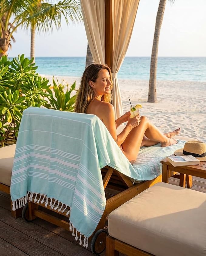 Bazaar Anatolia Turkish Beach Towel – 100% Cotton, Quick Dry, Sand Free Towel for Bathroom, Camping, Travel, Teal – Oversized 71x39 Inches – Stripe Mint