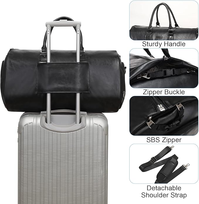 Leather Garment Bag for Travel, Modoker Carry On Suit Carrier Travel Bag with Shoulder Strap/Multiple Pockets - Ideal for Business Trips & Weekend Getaways - The Garment Duffel Bag for Traveling Men