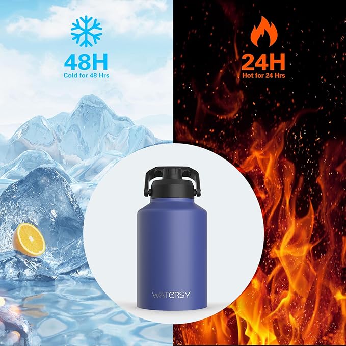 WATERSY Half Gallon Water Bottle Insulated(Cold for 48 Hrs),BPA Free&Leak Proof,64oz Stainless Steel Water Jug/Flask,Big thermo,Large Water Bottle with Handle for Gym,Hiking,Camping,Deep Blue