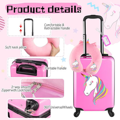 Sanwuta 4 Pcs Kids Luggage Set Backpack Travel Rolling Suitcase U-shape Pillow Christmas Children Gift for Girls Boys(17 Inch,Unicorn Style,Pink)