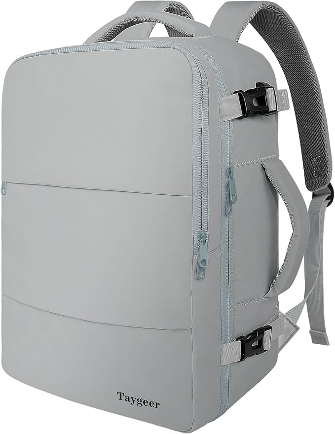 Taygeer Carry On Backpack for Men Women, Travel Backpack with USB Charging Port & Shoe Pouch, Laptop Mochila 17.3inch Flight Approved, College Teacher Tote Bag for Business Travel, Grey