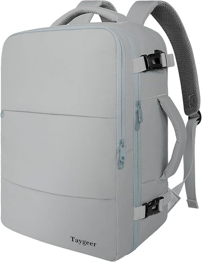Taygeer Carry On Backpack for Men Women, Travel Backpack with USB Charging Port & Shoe Pouch, Laptop Mochila 17.3inch Flight Approved, College Teacher Tote Bag for Business Travel, Grey