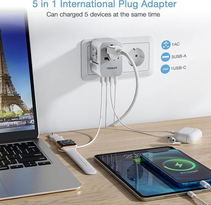 TESSAN Universal Travel Adapter, International Power Adapter with 4 USB Ports (1 USB C), Worldwide Plug Adaptor Wall Charger for USA to Europe UK France Germany Spain Ireland Australia(Type C/G/A/I)