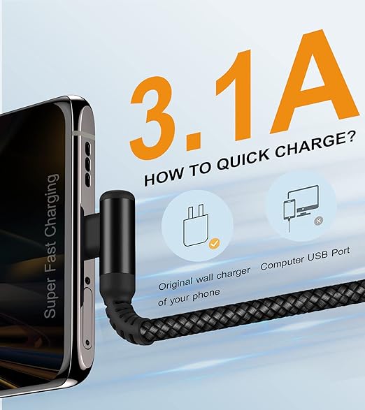 sweguard USB Type C Charger Cable Right Angle [2-Pack,6.6FT] 3.1A Nylon Braided Cord for iPhone 17 16 15 Pro Max Plus iPhone Air Samsung Galaxy S25 S24 S23 S22 S21 S20 Note 20 A15 Flip Pixel LG Moto