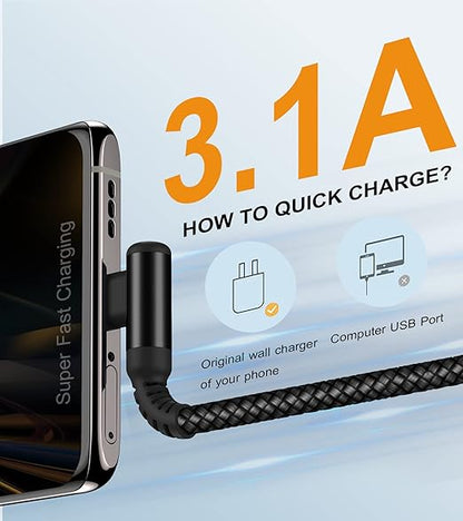 sweguard USB Type C Charger Cable Right Angle [2-Pack,6.6FT] 3.1A Nylon Braided Cord for iPhone 17 16 15 Pro Max Plus iPhone Air Samsung Galaxy S25 S24 S23 S22 S21 S20 Note 20 A15 Flip Pixel LG Moto