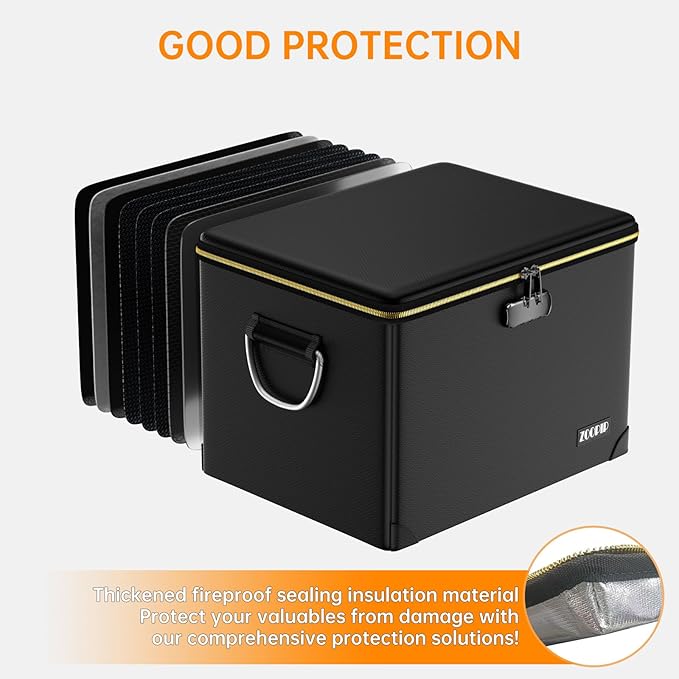 Fireproof Document Box,Hard Case File Organizer with Fireproof Zipper&Threads,Non-Foldable Filing Cabinet with Lock, Portable Office Safe Box Storage for Hanging Letter Folder,Valuables,Black