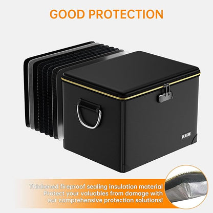 Fireproof Document Box,Hard Case File Organizer with Fireproof Zipper&Threads,Non-Foldable Filing Cabinet with Lock, Portable Office Safe Box Storage for Hanging Letter Folder,Valuables,Black