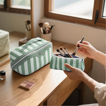 BOYATU Travel Makeup Bag for Women: Large Cosmetic Bag Set of 3 - PU Leather Make up Bag with Compartments - Compact Waterproof Toiletry Bag with Divider & Handle (B-3-Green)