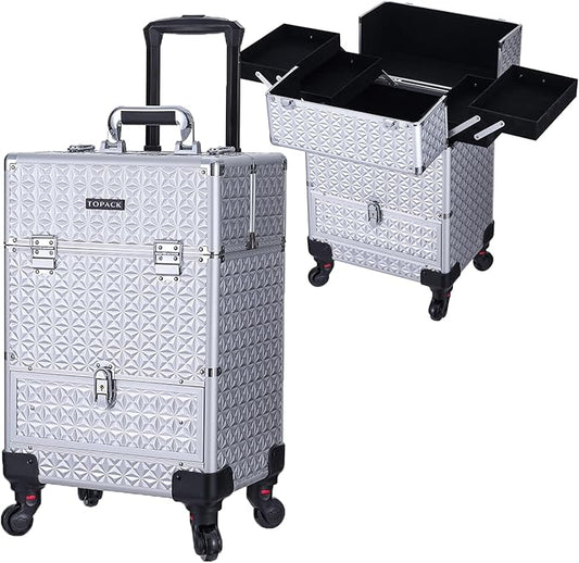 TOPACK Rolling Makeup Case,Professional Cosmetology Case on Wheels,Large Cosmetic Organizer Train Case,Makeup Travel Case with Draws & Swivel wheels Nail Tech Salon Storage Traveling Cart Trunk,Silver