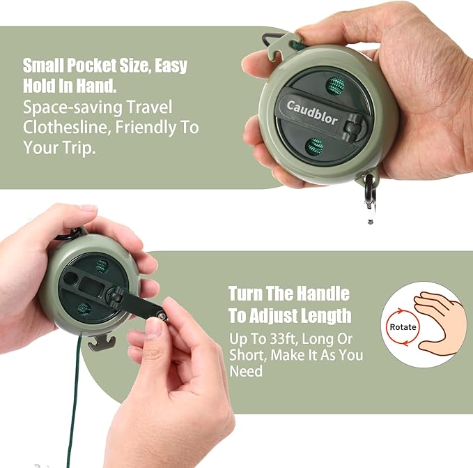 Portable Travel Clothesline Cord, Caudblor Adjustable 33ft Camping Clothes line, Laundry Drying Rope for Hotel Trip, Cruise, Outdoor/Indoor, with 12Pcs Stoppers, Windproof Clothespins