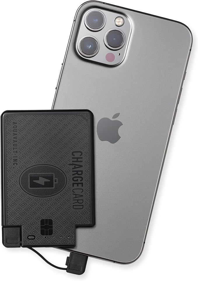 AquaVault ChargeCard – Ultra Slim Emergency Power Bank (2300mAh) – Fits in Wallet – USB-C & Micro-USB – Durable Steel Body – Flight-Safe for iPhone 12-17 & Android - Matte Black