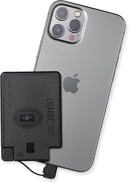 AquaVault ChargeCard – Ultra Slim Emergency Power Bank (2300mAh) – Fits in Wallet – USB-C & Micro-USB – Durable Steel Body – Flight-Safe for iPhone 12-17 & Android - Matte Black