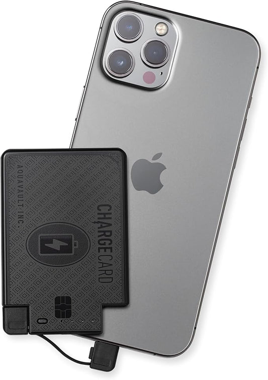 AquaVault ChargeCard – Ultra Slim Emergency Power Bank (2300mAh) – Fits in Wallet – USB-C & Micro-USB – Durable Steel Body – Flight-Safe for iPhone 12-17 & Android - Matte Black