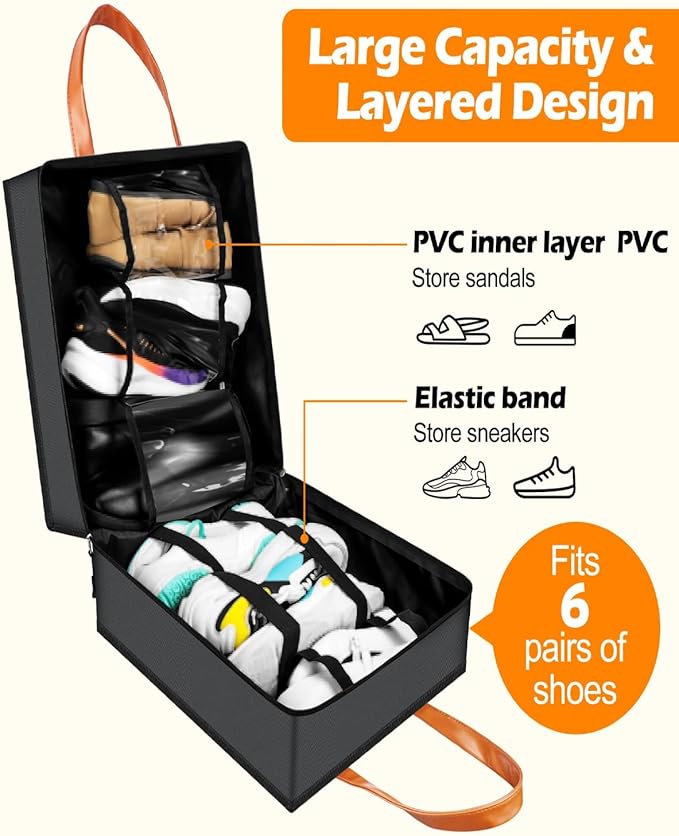 Yotako Shoe Bag for Travel with Leathers Handle-Portable Shoe Organizer with Pockets,3 in 1 Hanging Luggage Shoe Storage Bag,Travel Shoe Bag for Women Men Fit 6 PCS Shoes,Grey