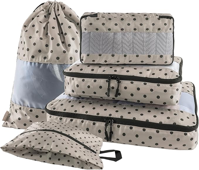 U+U 5 Set Packing Cubes for Travel Essentials Ultralight Luggage Packing Organizers with Laundry Bag and Shoe Bag for Vacation, Business Trip and Camping (Brown Polka Dot)