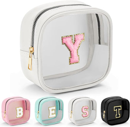 YOOLIFE Initial Make Up Bag Travel Toiletry Bag, Clear Makeup Bag Preppy Cosmetic Bags Organizer Travel Essentials Gifts for Women Teen Girlfriend Teacher Mom Birthday Mothers Day Gifts White Y