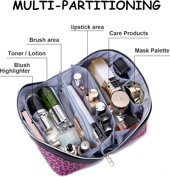 BOYATU Travel Makeup Bag for Women: 3 Pcs Set Portable Make up Bags with Handle - Leopard Print Cosmetic Bags with Comparments - Waterproof Vegan Leather Toiletry Bag (A-1-Red)