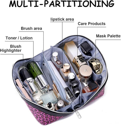 BOYATU Travel Makeup Bag for Women: 3 Pcs Set Portable Make up Bags with Handle - Leopard Print Cosmetic Bags with Comparments - Waterproof Vegan Leather Toiletry Bag (A-1-Red)