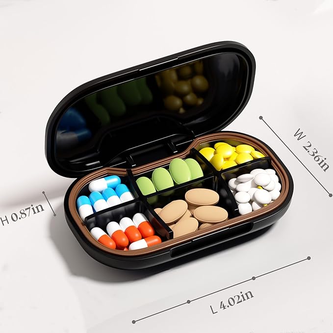 6-Compartment Pill Organizer - Small Compact Daily & Travel Pill Case Container for Vitamins, Medication and Supplements - Portable White Medicine Pill Box Holder with Stylish Cute Design