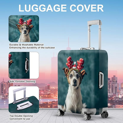 ANNA QUEEN Christmas Dog Luggage Cover, Cute Puppy with Reindeer Antlers Suitcase Protector, Washable Stretchable Travel Sleeve for 24-26 Inch Luggage