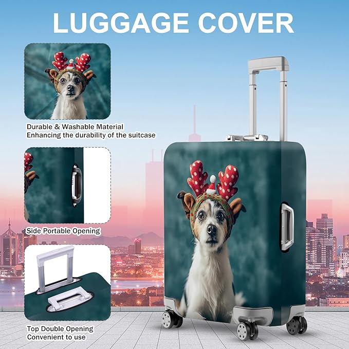 ANNA QUEEN Christmas Dog Luggage Cover, Cute Puppy with Reindeer Antlers Suitcase Protector, Washable Stretchable Travel Sleeve for 20-22 Inch Luggage
