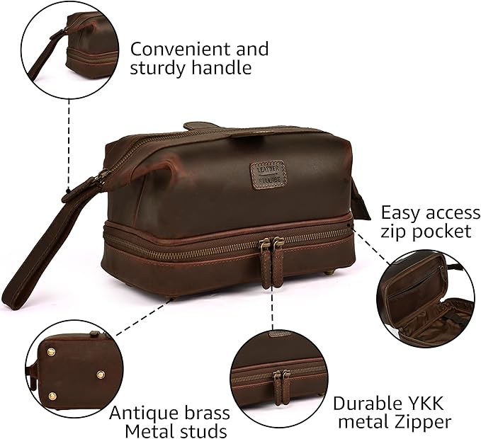 LEATHER VILLAGE Genuine Leather Dopp Kit – Large Travel Toiletry Bag with Waterproof Lining, Dual-Zip Design for Men & Women, Organizer for Shaving, Makeup & Essentials - Cherry
