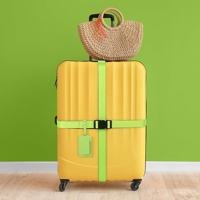 Reginary 8 Pcs Luggage Straps Suitcase Tags Set 4 Travel Adjustable Suitcase Belt 4 PU Leather Luggage Tags ravel Accessories (Green)