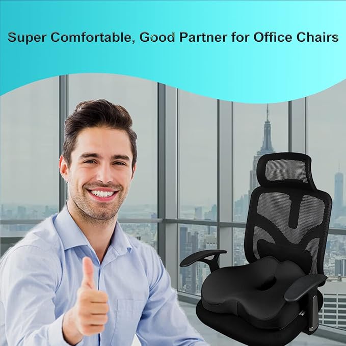 Pressure Relief Seat Cushion for Long Sitting Hours on Office, Home Chair, Car Memory Foam Office Chair Cushion for Back, Coccyx, Tailbone Pain Relief（Black）