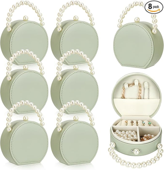 Weysat 8 Pack Travel Jewelry Case Bulk Mini Bridesmaid Jewelry Box Small Earring Storage Organizer for Women Proposal Gifts(Green, Leather)