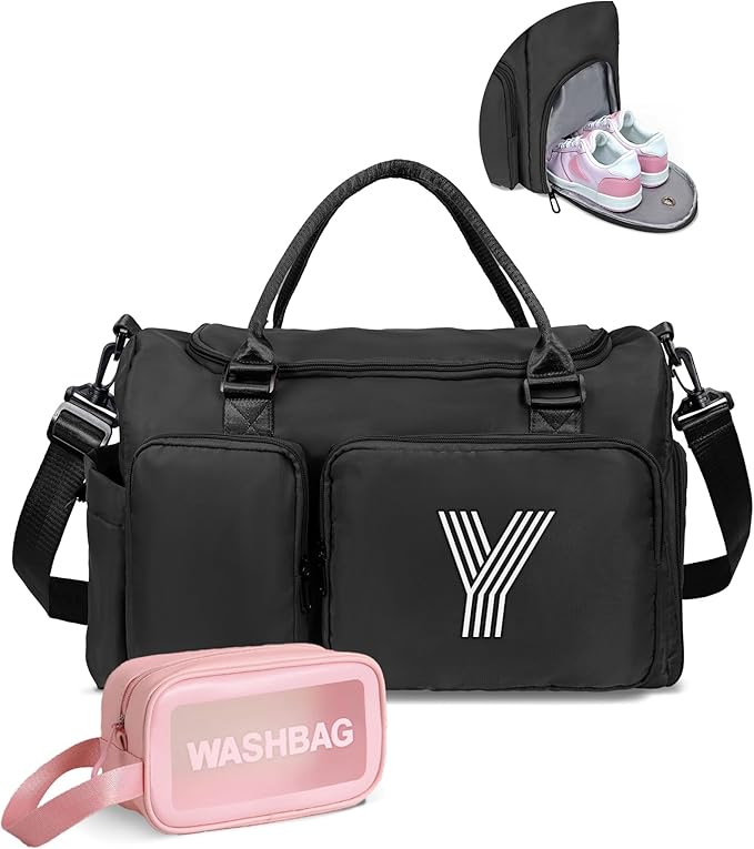 Initial Gym Bag for Girls, Kids Travel Duffel, Sports Weekender Overnight Dance Bag with Shoes Compartment, Monogram Gift, gifts for college graduates, teacher gifts