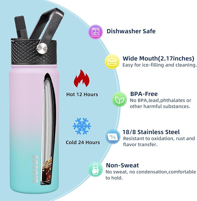 BJPKPK 2 Pack Insulated Water Bottles with Straw Lids, 22oz Stainless Steel Metal Water Bottle with 6 Lids, Leak Proof BPA Free Jugs, Cups, Flasks for Travel, Sports (Lavender Green+Black)